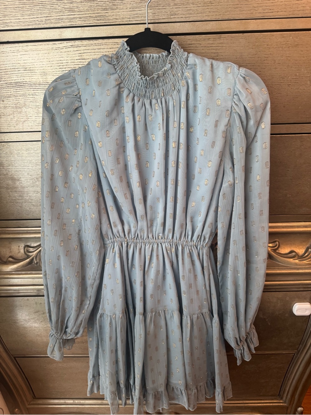 Aqua Light Blue Mini Dress with Gold Metallic Dots